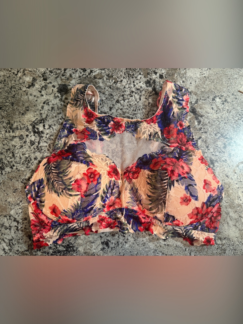 PINK Victoria's Secret Peach Floral Lace Mesh Crop Top with Red and Blue Accents